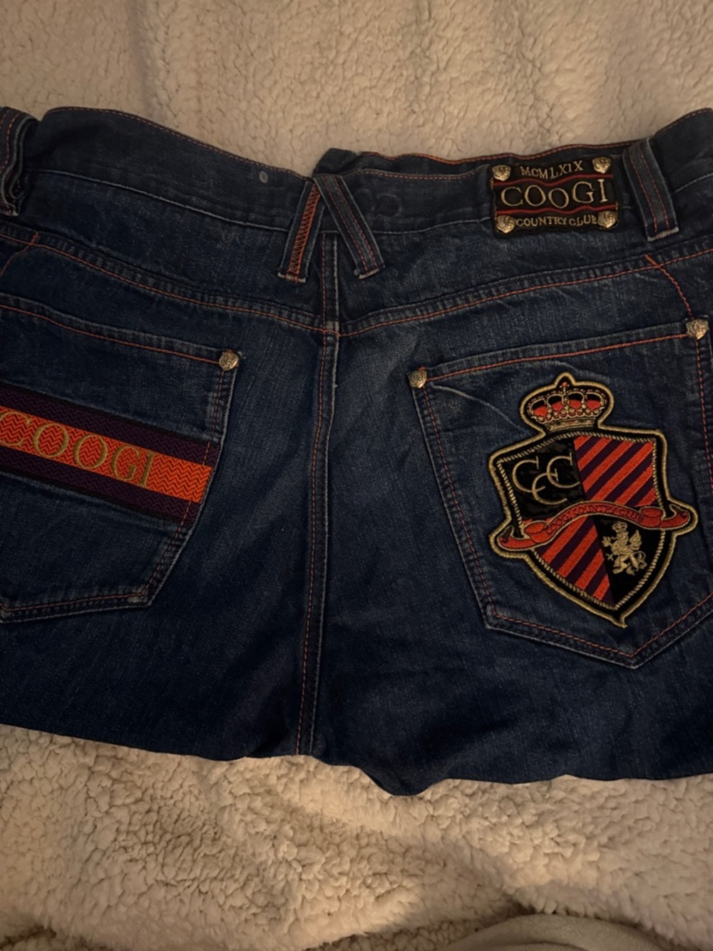 Men’s Vintage COOGI Dark Blue Jean Shorts with Red/Orange Crest Detail Size 40